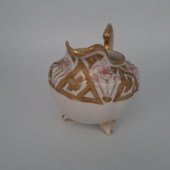 Nippon Hand-Painted Floral Cream Pitcher Gold Trim Porcelain Footed Vintage - Picture 8 of 10
